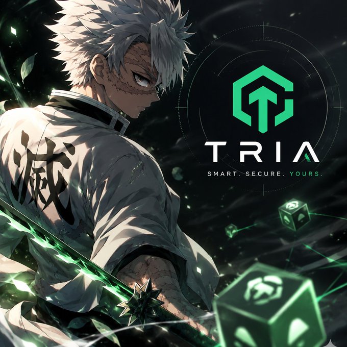 The image features a man dressed as a character from a video game, wearing a white outfit with green accents. The background of the image is black, which contrasts with the white attire of the character. There are several green cubes scattered throughout the scene, possibly representing different elements in the game or related to the Tria logo. The post about Tria uses a non-custodial model for wallet control and emphasizes that users can still face usability issues due to security concerns.