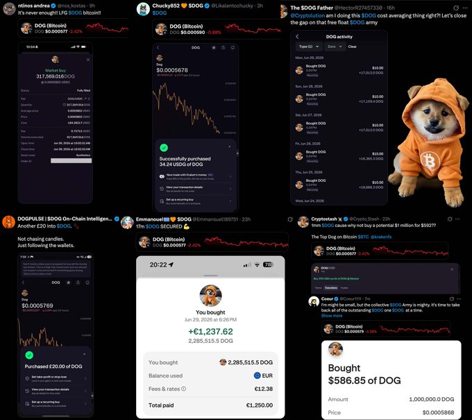 A collage of social media posts and cryptocurrency transaction screenshots, prominently featuring Dogecoin (DOG) trading, market charts, and a Shiba Inu dog wearing an orange Bitcoin hoodie.