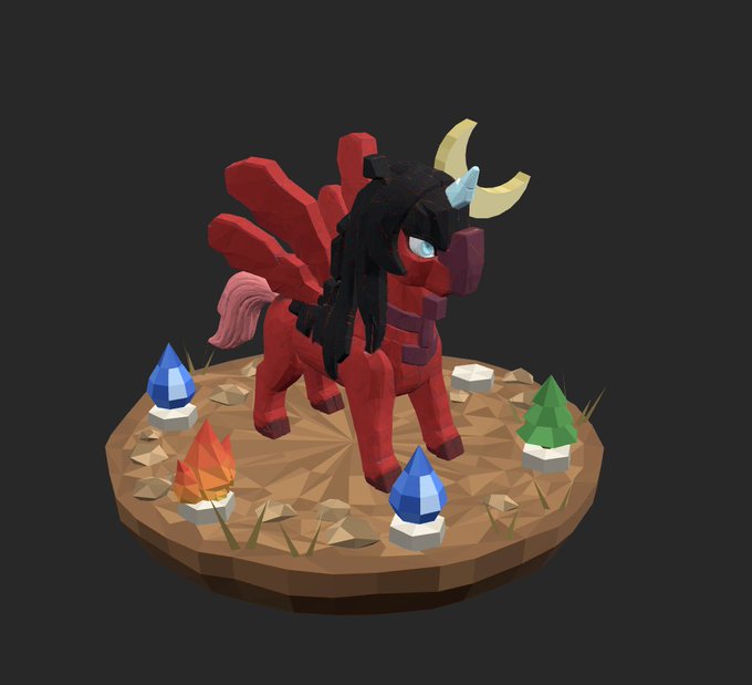 A low-poly 3D rendered red dragon-like creature with black hair, horns, and wings standing on a circular platform surrounded by colorful crystals.
