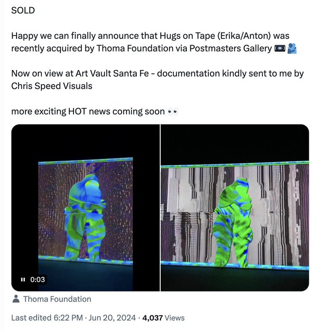 The image depicts a social media post featuring an image of two people, possibly a couple or friends, with their faces blurred out as they stand next to each other against a backdrop that resembles a television screen or a projection screen at an art show or museum. The words "SOLD", "Happy we can finally announce", and "Now on view" are visible in the post.