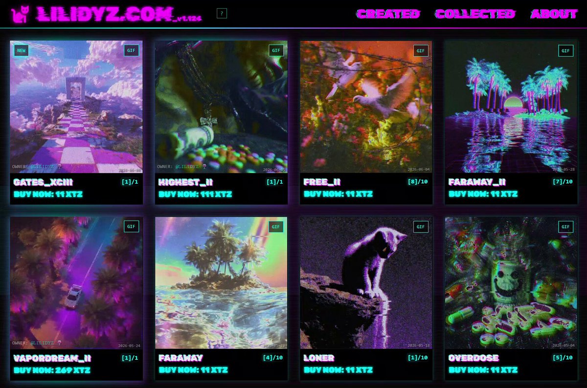 The image presents a list of eight different art pieces, each with its own description and price tag. The first artwork shown is titled "Oxladyz.com", followed by various other works such as "Fingerprint" (€1.00), "Worms!" (€0.88), "Gates XCIII" (€11.87), and the final piece labeled "Overdressed". The images depict a colorful landscape with various elements, including a house and trees in different shades of purple, pink, blue, yellow, orange, green, black, white, and gray.