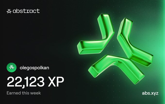 A promotional graphic for 'abstract' featuring a green 3D 'X' logo, displaying the username 'olegospolkan' and '22,123 XP Earned this week' on abs.xyz.