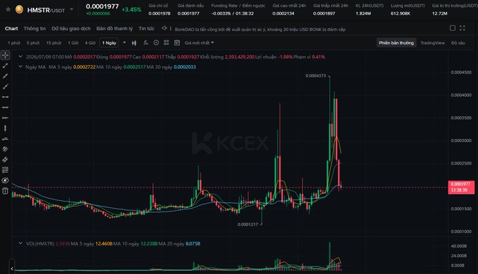 A financial trading chart on KCEX for the HMSTR/USDT pair, showing a current price of 0.0001977 and a candlestick chart with moving averages on a 1-hour timeframe.
