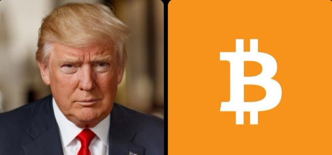Donald Trump pictured alongside the Bitcoin logo on an orange background. The image visually reinforces the post's claim about potential U.S. executive action to expand strategic $BTC holdings.