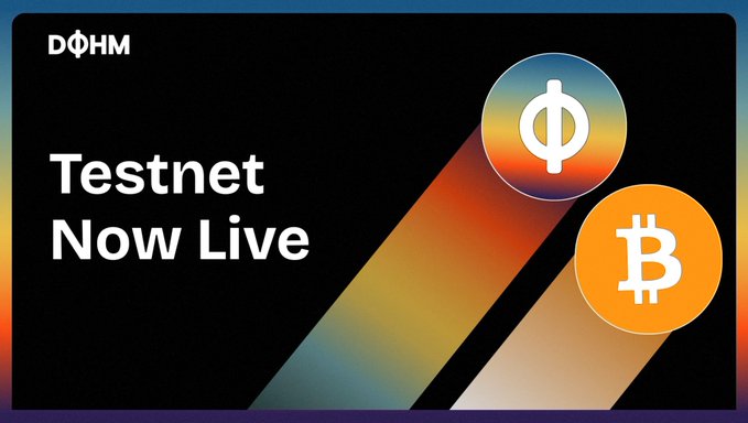 A promotional graphic featuring the DOHM Finance logo, two stylized cryptocurrency coins (Φ and Bitcoin), and the bold text "Testnet Now Live" against a black background with colorful diagonal streaks, advertising the launch of DOHM's Bitcoin-native incentivized testnet where users can earn points toward a potential $DOHM airdrop.
