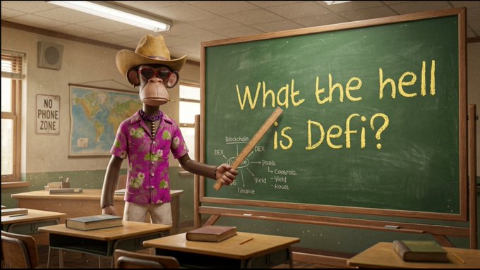 A stylized classroom scene featuring a Bored Ape NFT character wearing a cowboy hat, sunglasses, and a pink floral Hawaiian shirt, pointing to a chalkboard reading 'What the hell is DeFi?' with terms like Blockchain, DEX, Yield, and Finance.