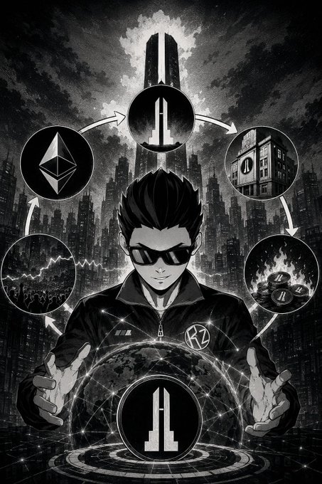 Black and white digital art of a stylized character with sunglasses surrounded by cryptocurrency icons (Ethereum logo, building, coins, chart, and rocket-like symbols) above a glowing network orb.