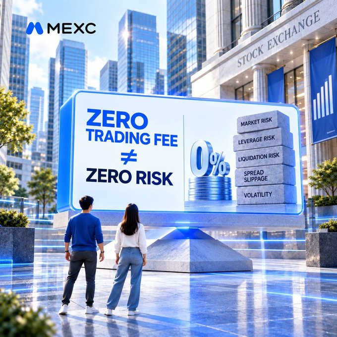 A MEXC promotional image at a Stock Exchange building with a large display stating 'ZERO TRADING FEE ≠ ZERO RISK', listing risks like Market Risk, Leverage Risk, and Liquidation Risk.
