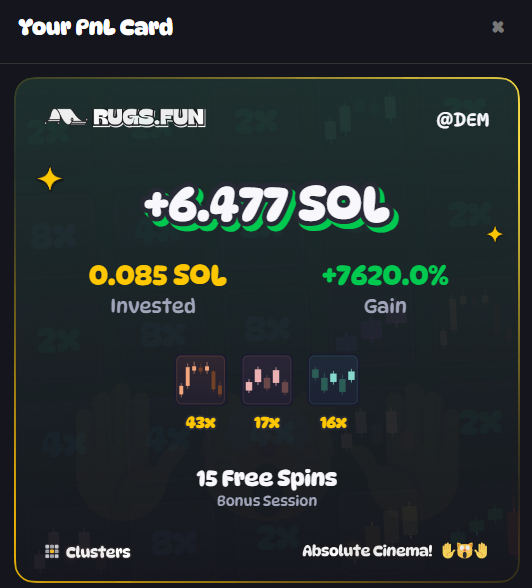 A 'Your PnL Card' from RUGS.FUN showing a profit of +6.477 SOL from an investment of 0.085 SOL with a 7620% gain.