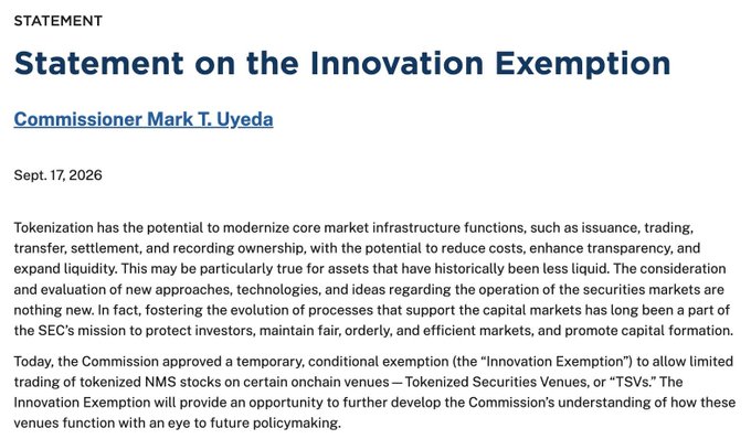 An SEC statement titled "Statement on the Innovation Exemption" by Commissioner Mark T. Uyeda, dated Sept. 17, 2026, announcing a temporary conditional exemption allowing limited trading of tokenized NMS stocks on Tokenized Securities Venues (TSVs).