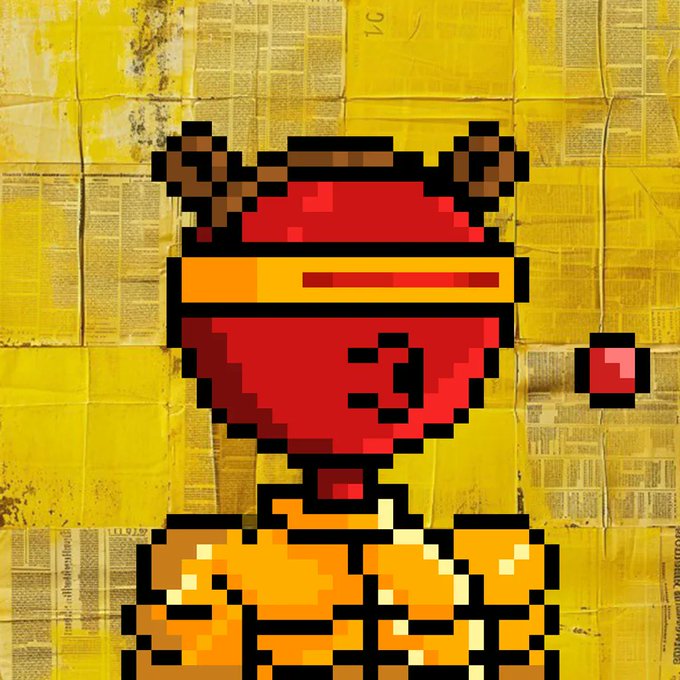 Pixel art depicting a red, horned character on a yellow background made of collaged newspaper pages.