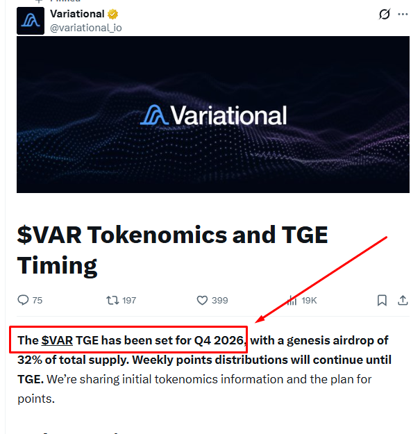 A screenshot of a Twitter/X post from the account @variational_io titled '$VAR Tokenomics and TGE Timing', with an annotation pointing to the text 'The $VAR TGE has been set for Q4 2026'.