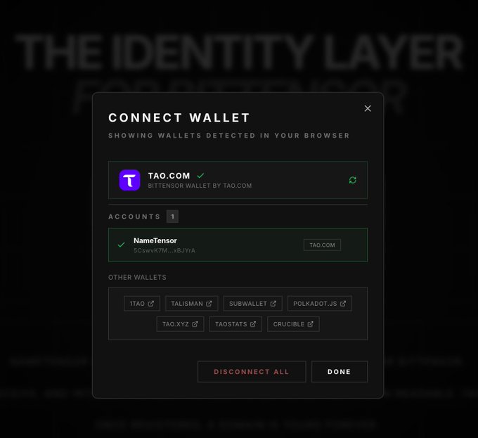 A 'Connect Wallet' interface from Bittensor showing wallet connection options, with TAO.COM wallet connected and a NameTensor account displayed.