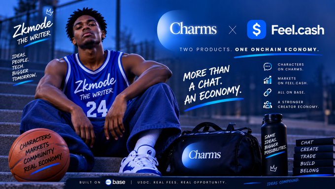 A basketball-themed promotional graphic for **Charms × Feel.cash** shows a player in a “Zkmode, The Writer” jersey, alongside slogans including “More than a chat. An economy.” and “Two products. One onchain economy.” It highlights the loop described in the post: **@charmsai** creates characters, **@feeldotcash** builds their markets, and **@base** provides the onchain settlement layer.