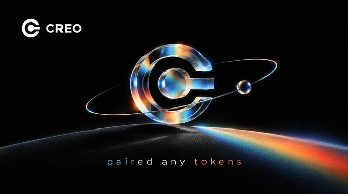 A sleek digital graphic on a black background features the "CREO" logo (top-left) above a large, iridescent metallic "C" encircled by a glowing orbital ring with a small sphere, set against a planet's horizon. Below the logo, the text "paired any tokens" is displayed, visually reinforcing the post's message about CREO being available for pairing with various tokens on @arc.