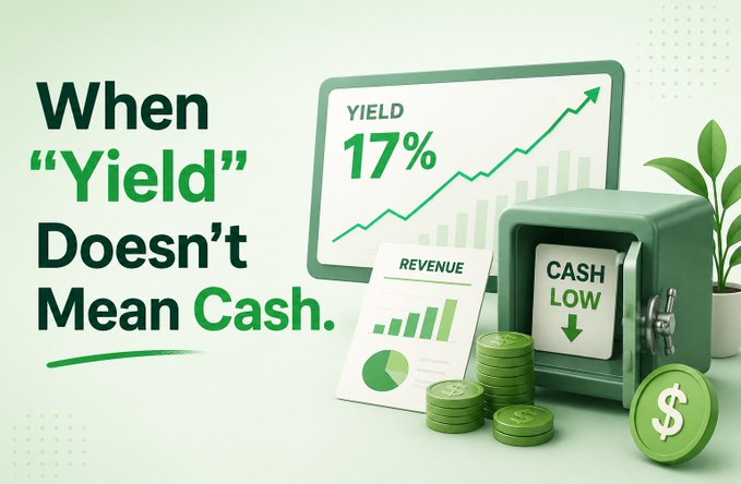 An infographic titled 'When "Yield" Doesn't Mean Cash,' featuring illustrations of a yield chart at 17%, a revenue document, a cash safe marked 'CASH LOW' with a downward arrow, and stacks of green coins with dollar signs.