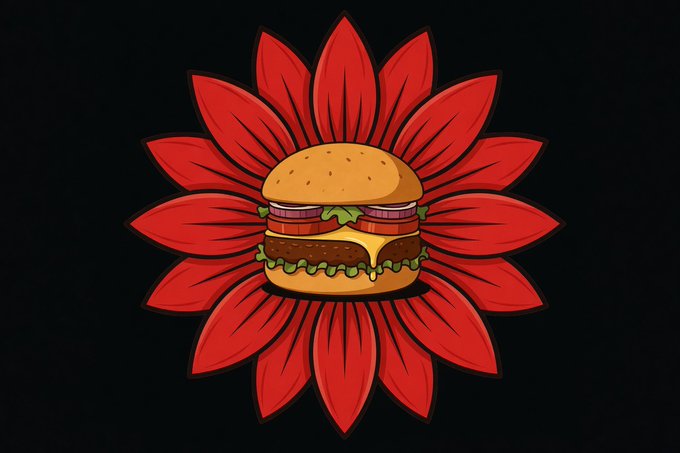 A stylized illustration of a cheeseburger with lettuce, tomato, onion, and cheese centered on a red daisy-like flower against a black background.