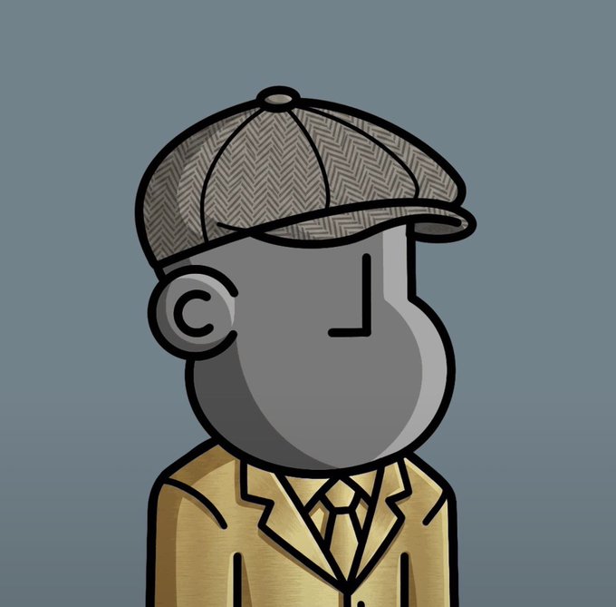 A stylized 2D illustrated portrait of a man with gray skin, wearing a herringbone-patterned newsboy cap, a yellow/tan suit jacket, and a tie, against a muted blue-gray background.