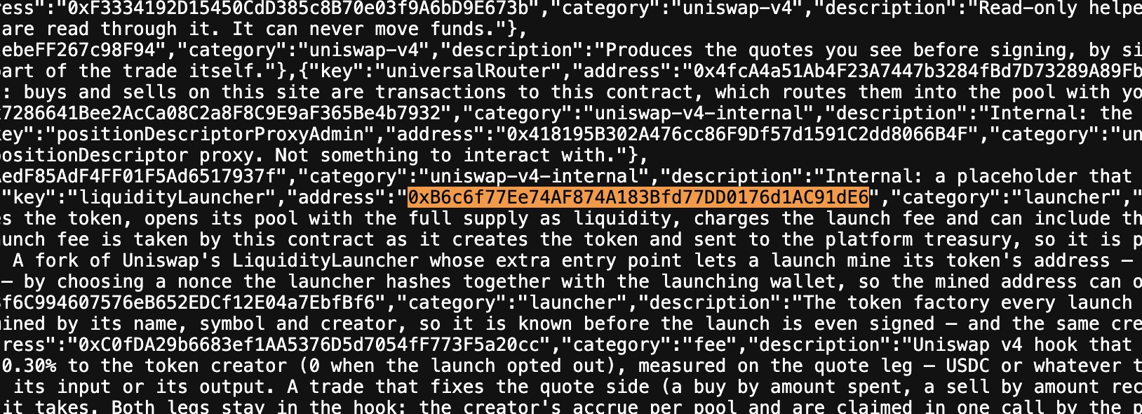 A close-up screenshot of code showing JSON entries listing Uniswap V4 contract addresses, including the highlighted "liquidityLauncher" address "0xB6c6f77Ee74AF874A183bfd77DD0176d1AC91dE6," alongside descriptions referencing "Uniswap v4 hook" and a "0.30% fee to the token creator," which appears to support the post's claim about finding Minara's first token launched via a Uniswap V4 liquidity launcher on the ARC mainnet.