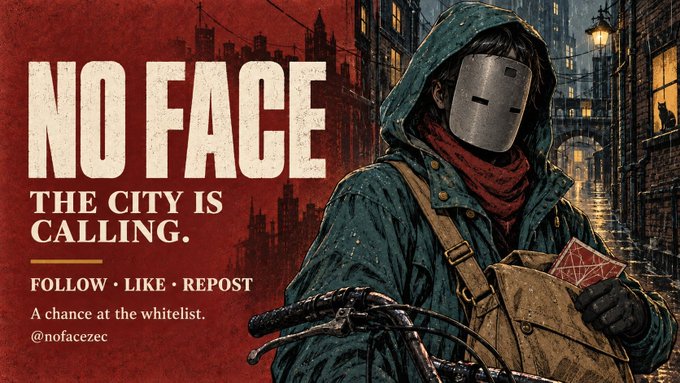 A hooded figure wearing a featureless silver mask stands on a bicycle in a rainy, dimly lit city street, holding a bag with a red envelope. The bold red and white text reads "NO FACE – THE CITY IS CALLING," along with "FOLLOW • LIKE • REPOST," "A chance at the whitelist," and the handle "@nofacezec."

The image serves as promotional artwork for the NO FACE ZEC whitelist giveaway, visually embodying the project's anonymous "mask identity" theme—where the faceless rider symbolizes the anonymity promised by the Zcash-based collection.
