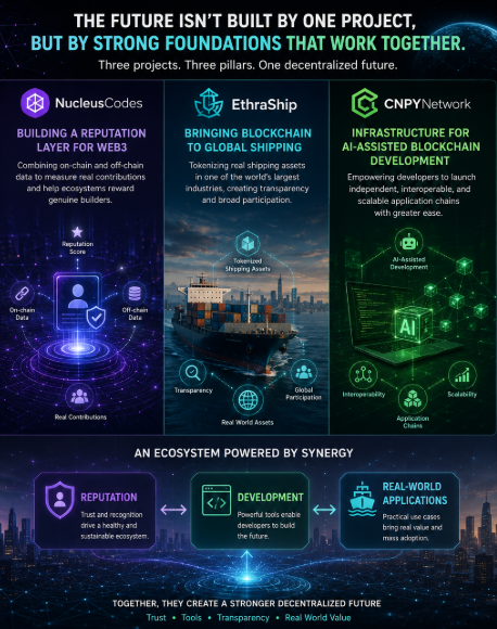 An infographic titled 'THE FUTURE ISN'T BUILT BY ONE PROJECT, BUT BY STRONG FOUNDATIONS THAT WORK TOGETHER' detailing three projects: NucleusCodes (Reputation Layer for Web3), EthraShip (Global Shipping), and CNPYNetwork (AI-Assisted Blockchain Development).