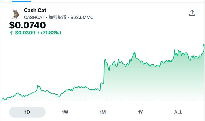 A cryptocurrency price chart for Cash Cat (CASHCAT) showing a current price of $0.0740, up $0.0309 (+71.83%), with a market cap of $68.5MMC and a 1D timeframe selected, illustrating the significant pump mentioned in the post.