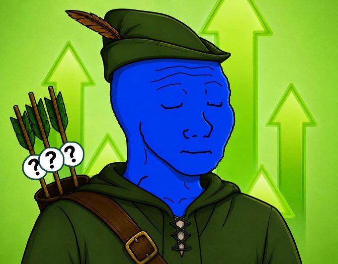A digital illustration in the style of a Wojak meme showing a blue-skinned archer character in green medieval attire with question marks next to a quiver of arrows, surrounded by upward green arrows.