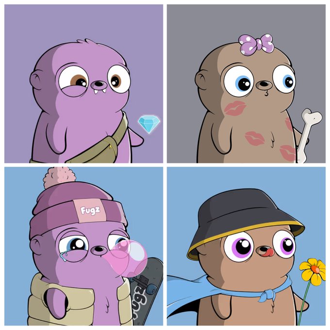 Four cartoon character illustrations featuring seal-like creatures in various styles: a purple one with a diamond, a brown one with lipstick kisses and a bow holding a bone, a purple one wearing a 'FUGZ' beanie crying with bubble gum, and a brown one in a bucket hat holding a flower.