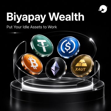 An advertisement for "Biyapay Wealth" with the tagline "Put Your Idle Assets to Work", displaying digital coins for USDT, USDC, Bitcoin, Ethereum, and XAUT on a pedestal.