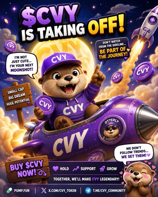 A promotional graphic for the $CVY token featuring a cartoon otter in a rocket with text like '$CVY IS TAKING OFF!' and 'BUY $CVY NOW!', promoting it as a moonshot opportunity on Pump.fun.