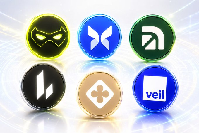 A collection of six circular cryptocurrency token icons—including a masked emblem, an "X" logo, a green "F" symbol, a black "L" icon, a gold clover-shaped design, and a blue token labeled "veil"—displayed against a glowing futuristic background, visually representing the diverse digital assets being traded on the new Robinhood Chain where Uniswap has quickly surpassed $1 billion in volume.