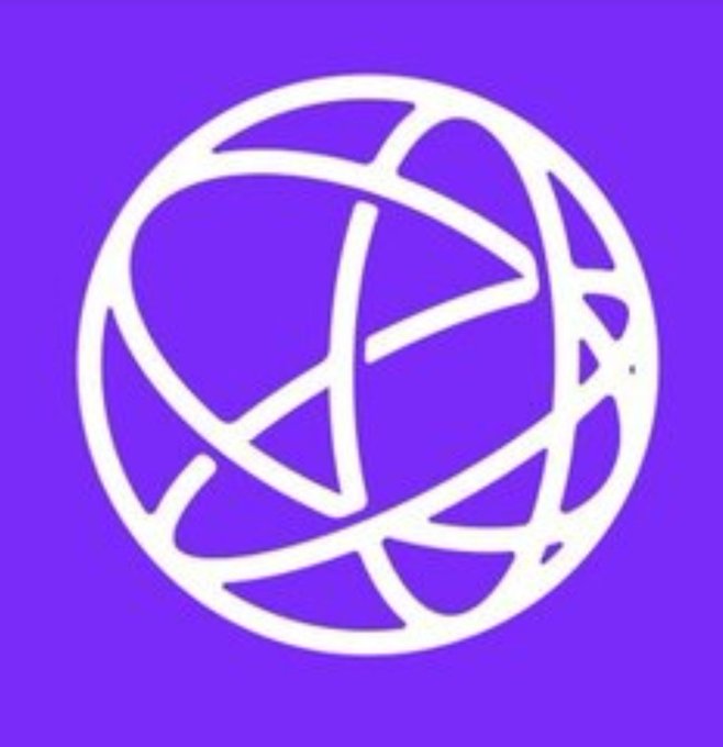 A simple logo featuring a white, stylized globe or sphere with intersecting curved lines, set against a solid purple background.