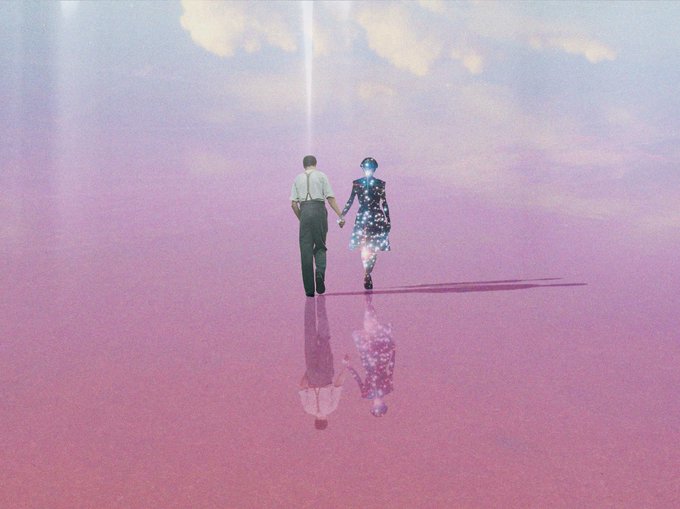 A surreal digital artwork showing a man in a white shirt and a woman in a sparkling galaxy-patterned dress holding hands and walking away across a pink reflective surface under a pastel sky.