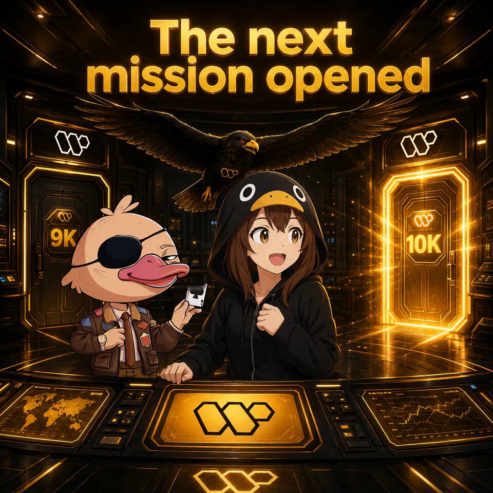 The image features a cartoon girl wearing a black hoodie with a bird on her head, standing next to a duck character holding a drink. The background of the image shows a yellow door labeled "10K" and an eagle flying above them. The caption reads "The next mission opened", which is related to the post about the funny thought for the @wallchain timeline.