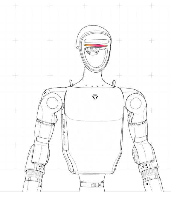 A technical sketch/wireframe design of a humanoid robot with a distinctive helmet featuring a horizontal visor strip.