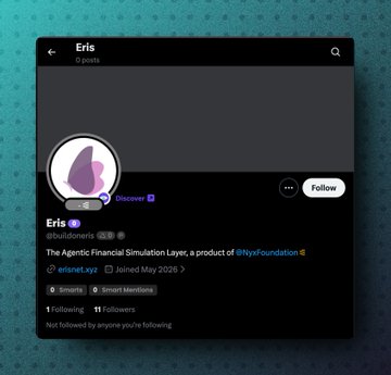 A social media profile page for 'Eris' (@buildonris), identified as 'The Agentic Financial Simulation Layer, a product of @riscfoundation,' with handles @riscnet.xyz, showing it joined May 2026 with 0 Smart mentions, 1 following, and 11 followers.