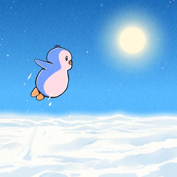 A cute illustrated blue and pink penguin flies through a snowy night sky toward a glowing full moon in a soft watercolor scene.