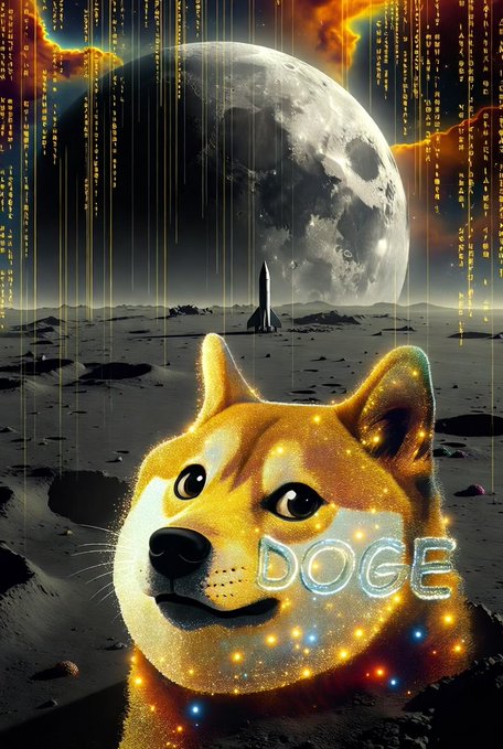 A stylized Shiba Inu dog with 'DOGE' text glowing on its fur stands in a surreal landscape with a giant moon, matrix-like code, and a rocket launch in the background.