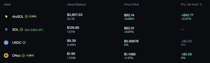 Cryptocurrency portfolio table showing asset balances including rkuSOL ($2,857.53), SOL ($128.89), USDC ($9.39), and ONyc ($1.95) with their respective prices and 24-hour changes.