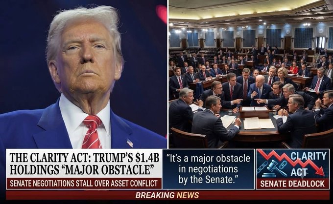 This news graphic features Donald Trump on the left and a Senate session on the right, accompanied by text that reads "THE CLARITY ACT: TRUMP'S $1.4B HOLDINGS 'MAJOR OBSTACLE'" and notes that Senate negotiations are stalling over asset conflict.