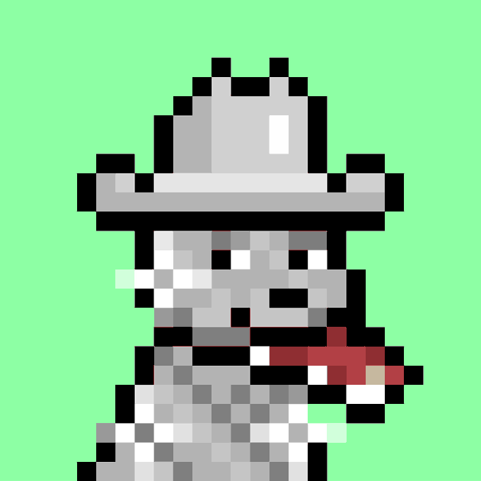 A pixel art character wearing a gray fedora and what appears to be a red bandana, rendered against a green background.