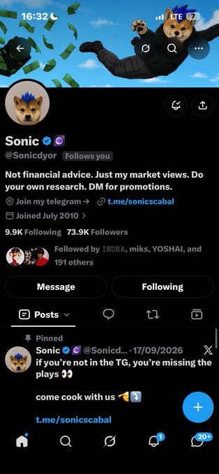 A screenshot of an X (Twitter) profile for 'Sonic' (@Sonicdyor), a financial advice account with 73.9K followers, featuring a Shiba Inu dog flying with money.