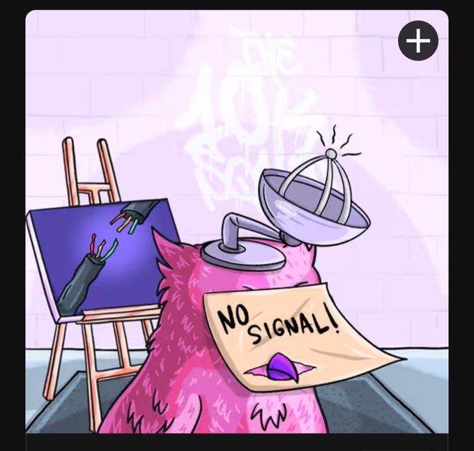 Cartoon illustration of a pink fluffy cat character with a satellite dish on its head and a 'NO SIGNAL!' cardboard sign, standing next to an easel with a broken canvas.