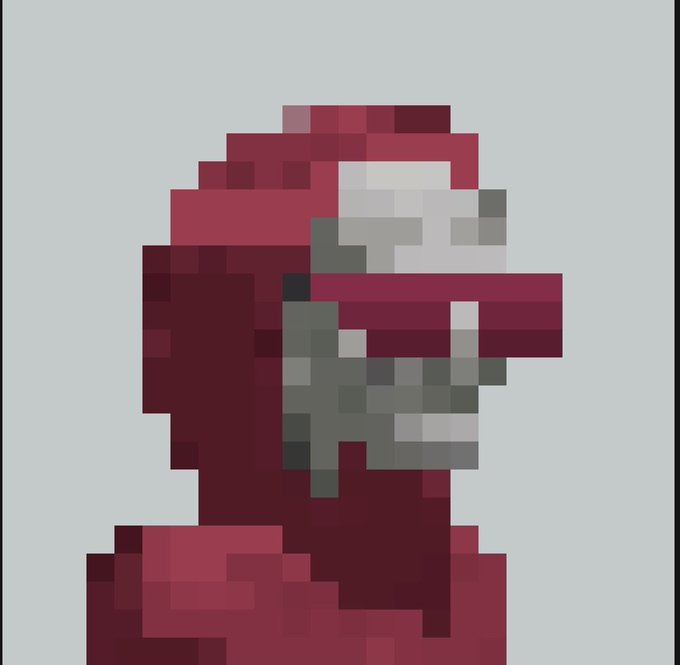 A pixel art image of a person wearing a red cap and red clothing, with a gray beard, rendered in blocky red, gray, and white pixels on a light blue background.