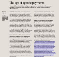 A snippet from a published article titled 'The age of agentic payments' discussing AI agents completing purchases, identity verification challenges, and institutional governance.