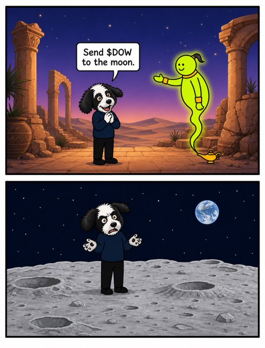A cartoon dog receives instruction from a genie to "Send $DOW to the moon," and the next panel shows the dog standing on the moon's surface, illustrating the humorous crypto "to the moon" meme applied to the DOW token promoted by RobinhoodCrypto.