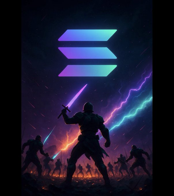 The image features a man holding a sword, surrounded by other people who are also armed with swords. They appear to be engaged in combat or preparing for battle. The background of the image is dark and filled with lightning bolts, creating an intense atmosphere. The text "SOLANA." is present in the image as well.