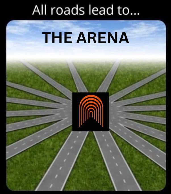 A graphic image showing multiple gray roads converging from green grass onto a central black square containing an orange arch logo, with the text "All roads lead to... THE ARENA".