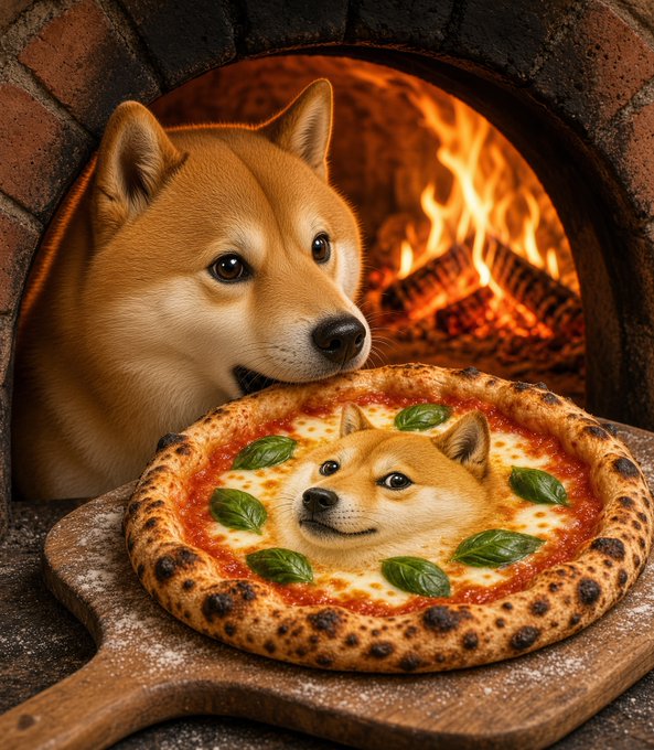 A Shiba Inu dog peeks out from a wood-fired pizza oven beside a freshly baked Margherita pizza topped with a cute Shiba Inu face and fresh basil leaves. The image captures the playful spirit of "diamond handed" Doge crypto culture, with the wood-fired pizza symbolizing the fiery conviction of long-term crypto holders and the Shiba Inu representing the $DOGE meme token itself.