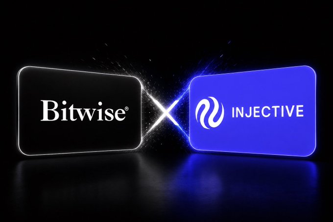 A graphic shows two glowing rectangular panels facing each other against a dark background: a black panel with the "Bitwise®" logo on the left and a blue panel with the "INJECTIVE" logo on the right, separated by a bright spark of light.